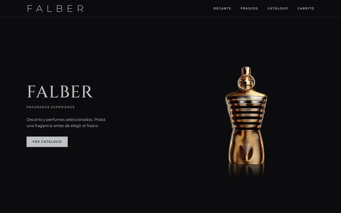 Home de la tienda FALBER: fondo negro, logo FALBER y un frasco de perfume dorado