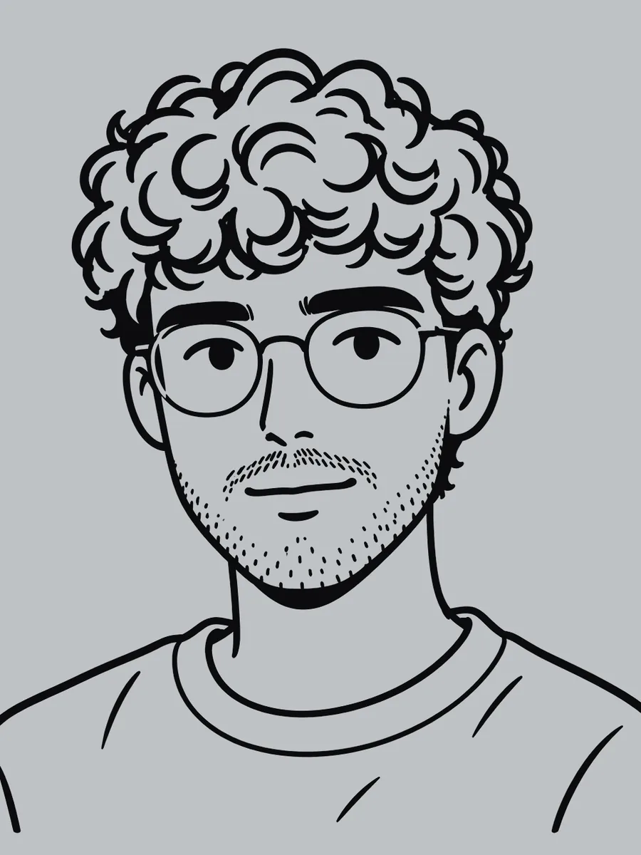 Ilustración de Facu: pelo con rulos, anteojos redondos y buzo